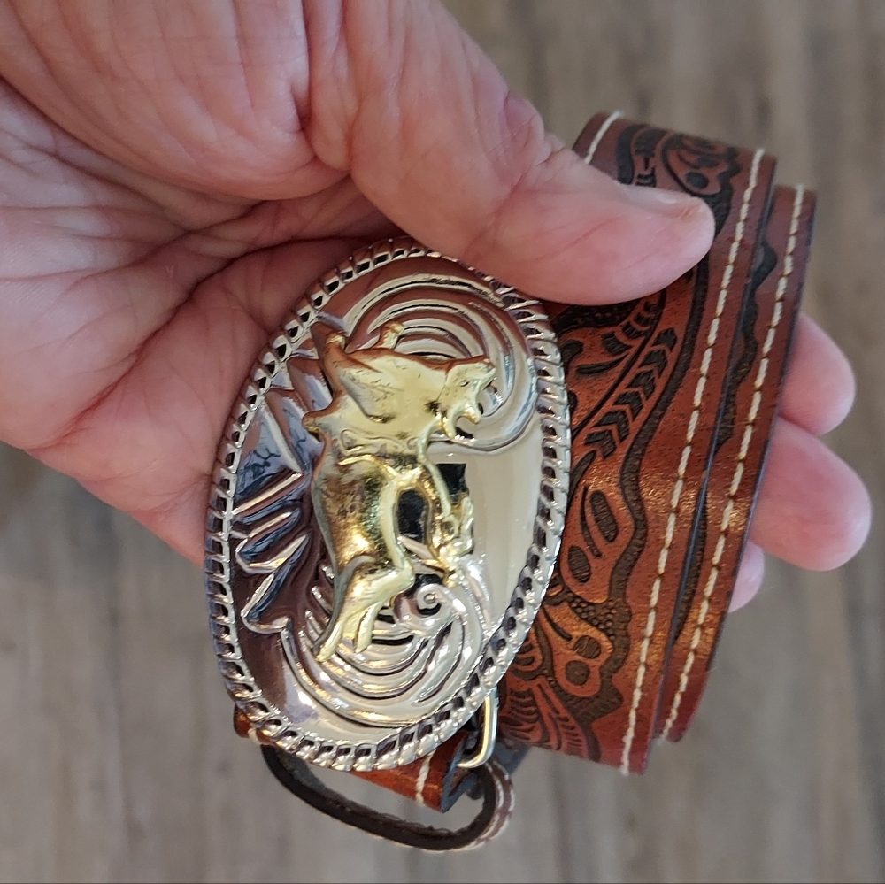 Real leather cowboy belt bull buckle kids 29"